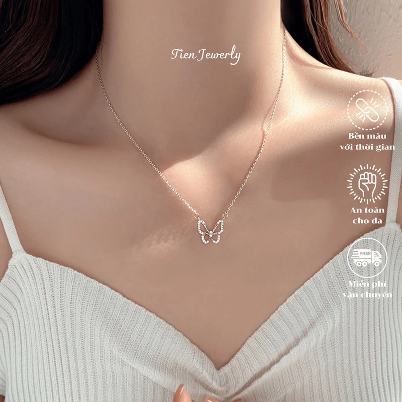 Dây chuyền bạc nữ 925 hình bướm dễ thương phong cách nữ tính, vòng cổ nữ đính đá