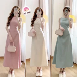 Váy cổ thuyền XIXEOSHOP dáng dài xòe chất chéo hàn quốc