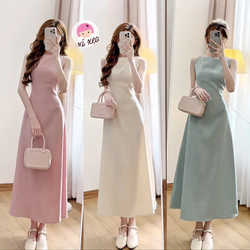 Váy cổ thuyền XIXEOSHOP dáng dài xòe chất chéo hàn quốc