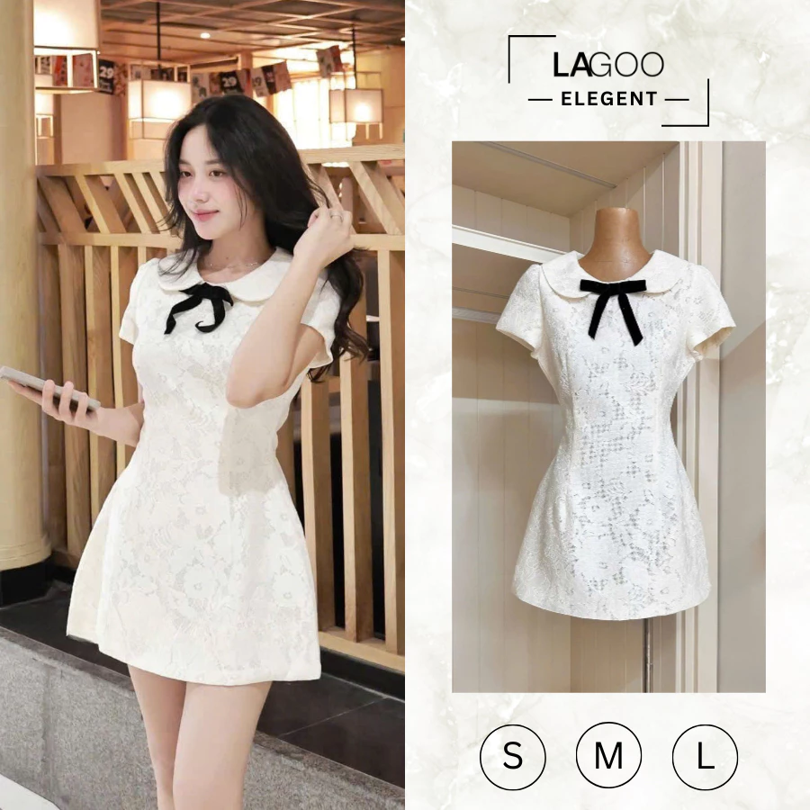 Đầm Karina Cổ Sen Phối Nơ Ren Trắng, Váy Ngắn Dáng Ôm Nhẹ Xinh Xắn