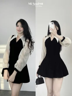 Váy Nhung Nữ Cổ V MiSoul Dáng Xòe Tiểu Thư Tay Phối Tơ Điệu Đà